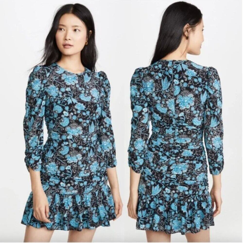 Tanya Taylor Raven Silk Mini Dress in Black & Blue Floral Paisley
